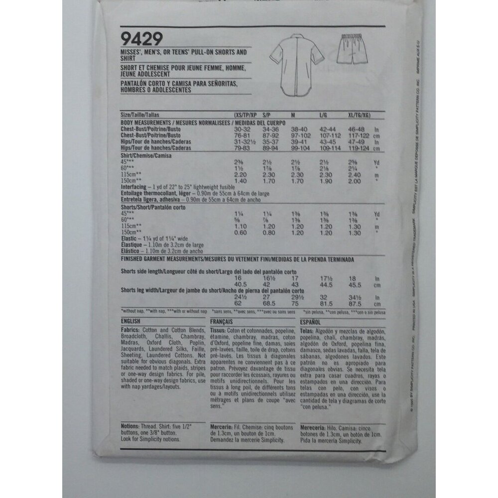 Simplicity Sewing Pattern 9429 Unisex Women Shorts and Shirt XS S M L XL Uncut - Picture 4 of 4